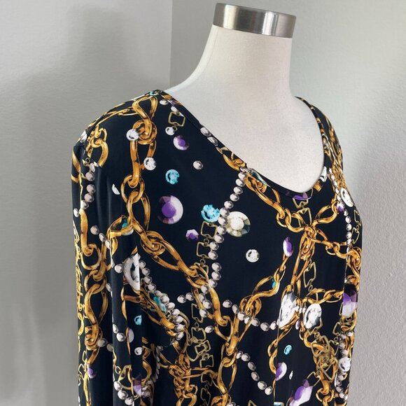 Antthony Womens Plus 1X Chain & jewels Tunic Top V Neck Stretch Shirt 3/4 Sleeve - Picture 2 of 11